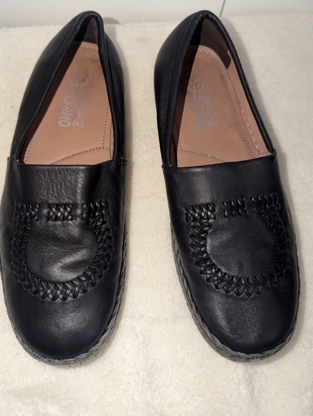 Salvatore Ferragamo Black Woven Leather Slip-On Flats